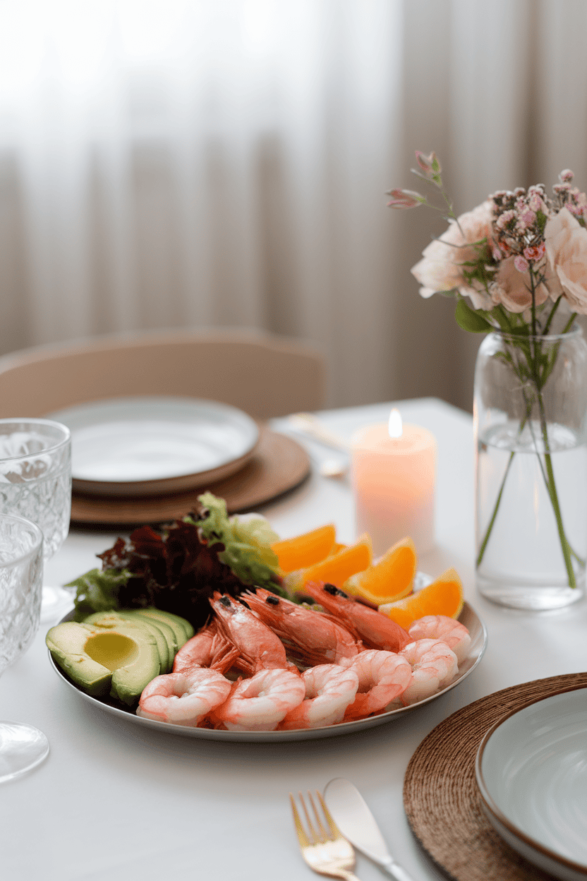 Indoor dining table with cooked pink shrimp, sliced avocado, orange segments, and mixed greens on a platter, no logos.