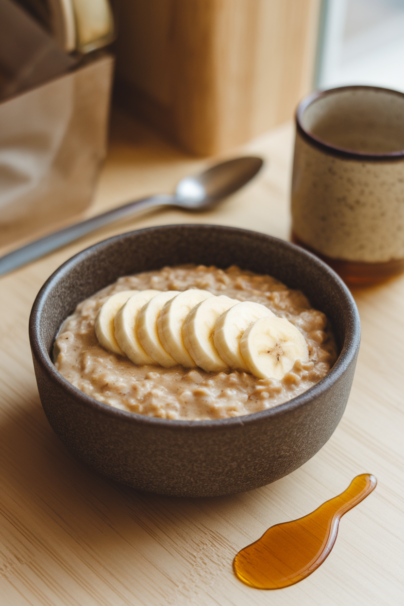 Warm indoor breakfast nook with a stoneware bowl of creamy oatmeal, neatly fanned banana slices on top, and a small drizzle of maple syrup. No text or logos visible; photo only.