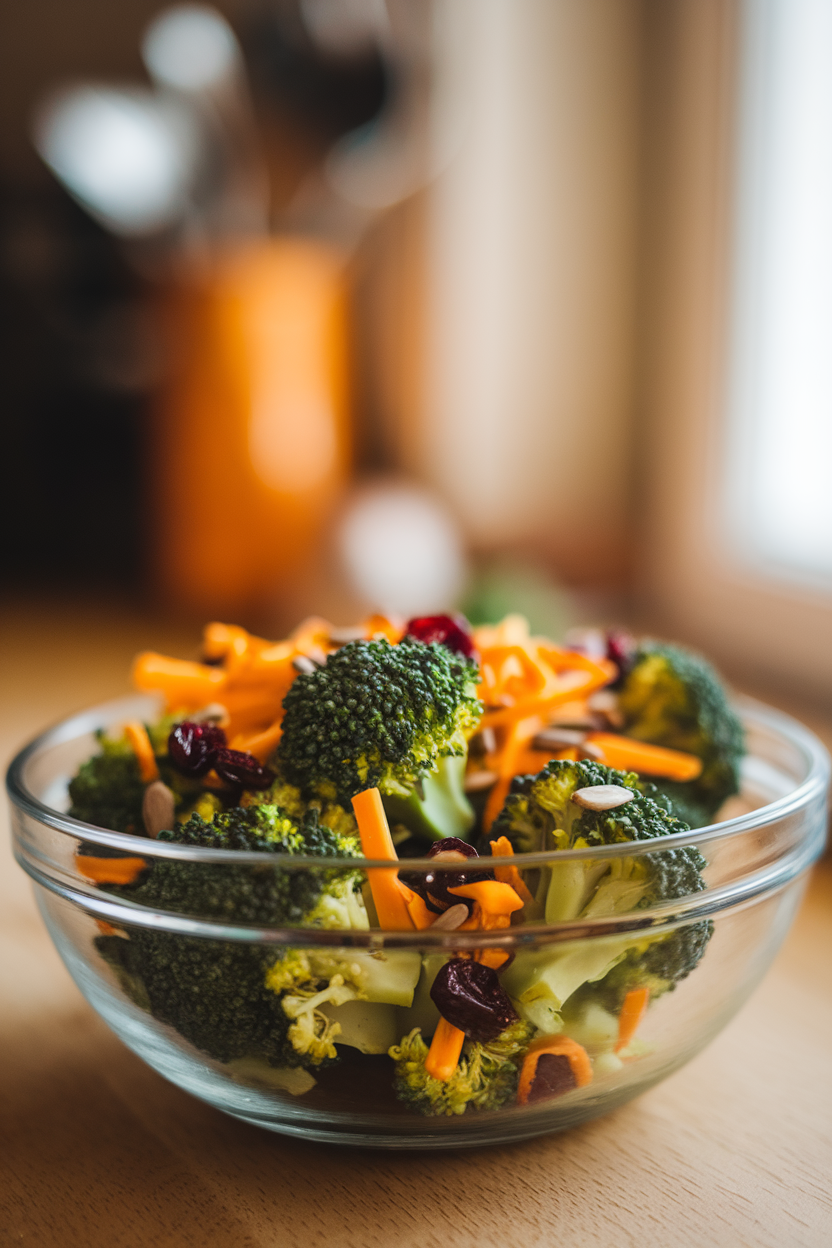 Indoor photo of small broccoli florets tossed with shredded cheddar, dried cranberries, and sunflower seeds in a mixing bowl; ambient kitchen light, no text or logos.