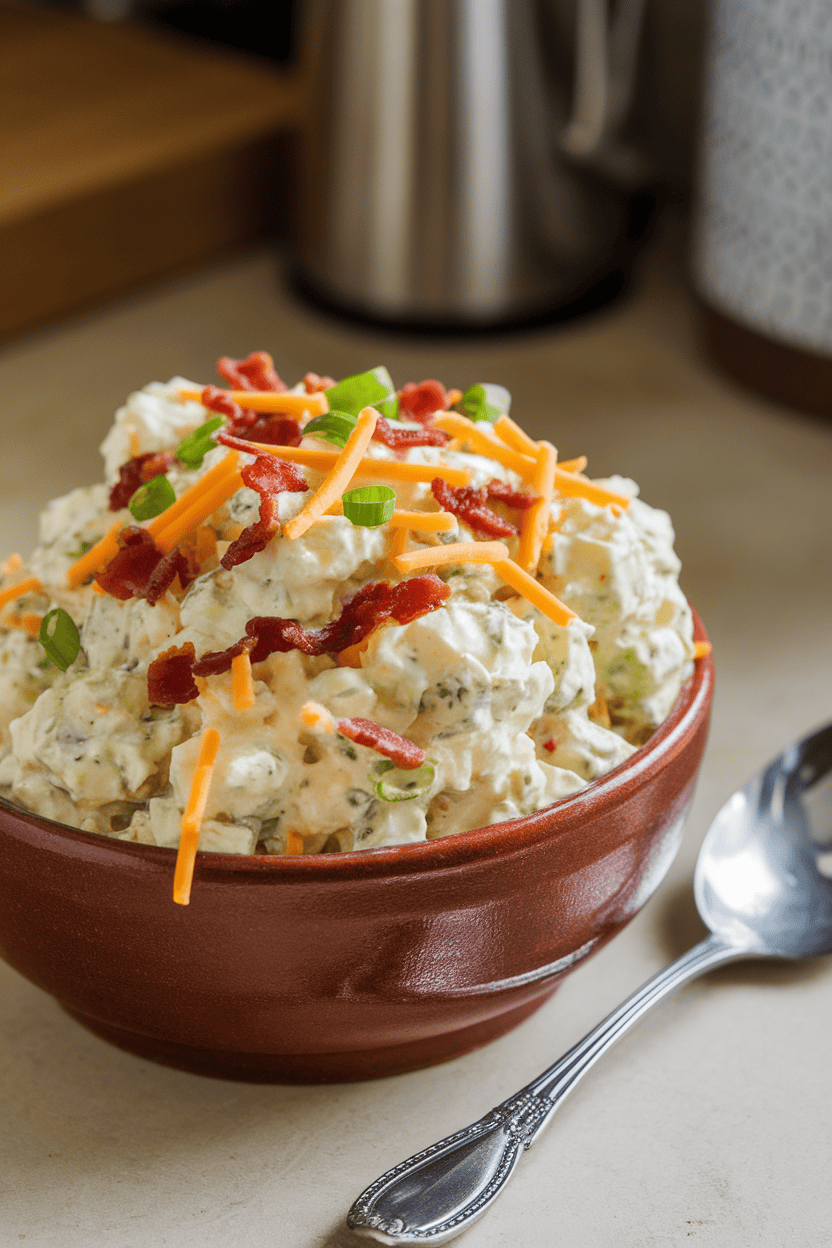 A ceramic bowl on an indoor countertop filled with creamy potato salad dotted with bacon bits, shredded cheddar, and sliced green onions; a serving spoon rests beside the bowl. No text or logos; photo only.