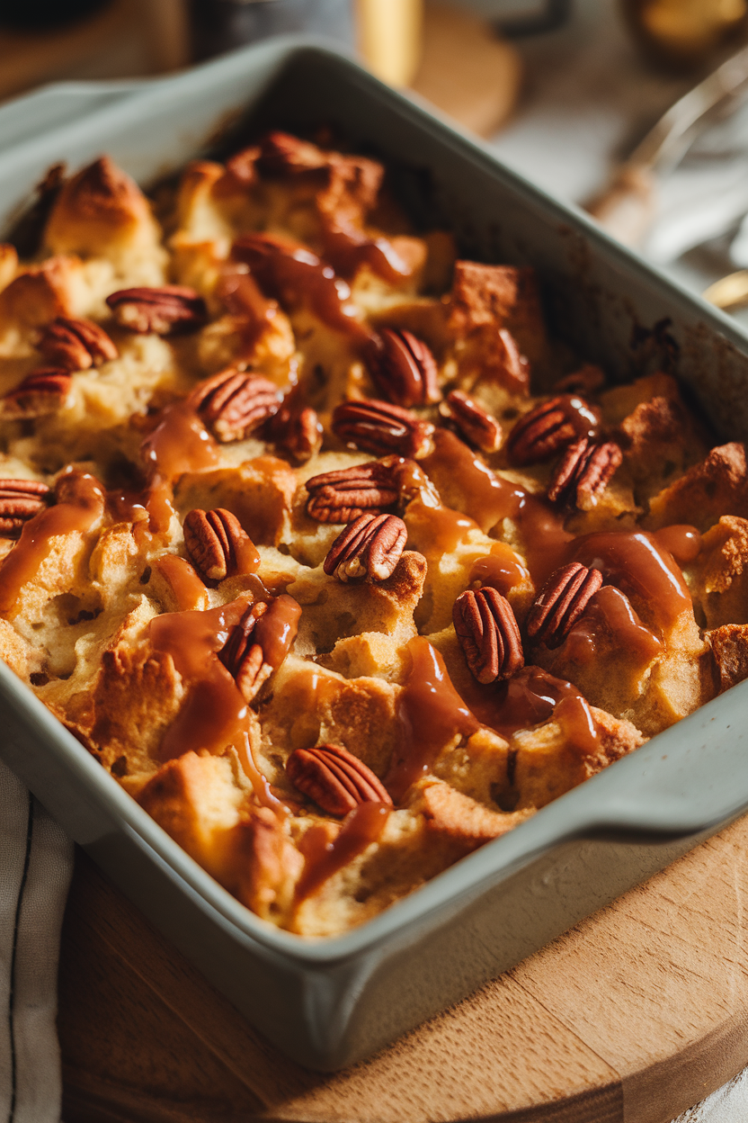 Baking dish of warm bread pudding studded with pecans and drizzled with maple glaze, indoor light. No text or logos. Photo.