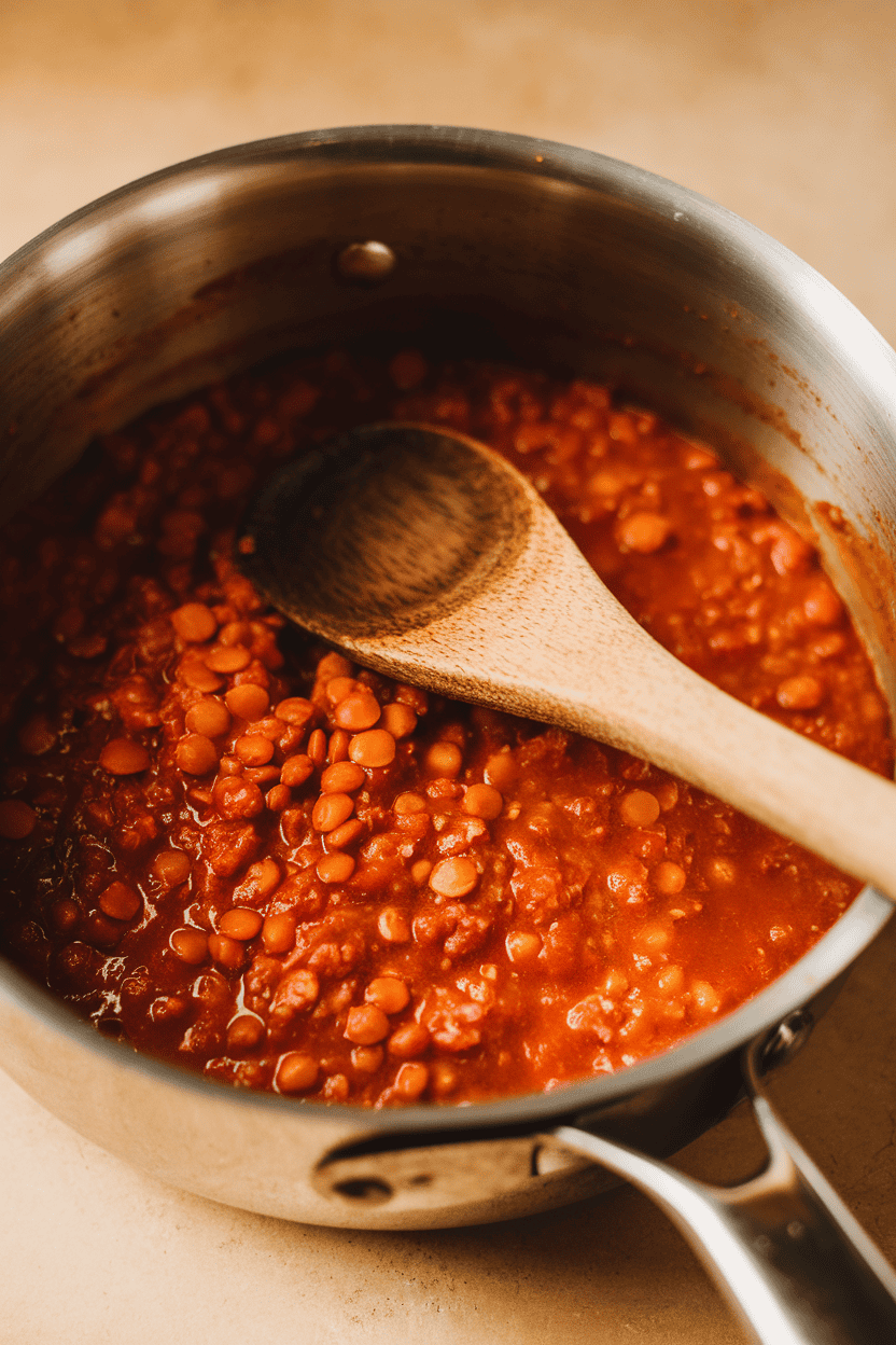 Indoor photo of a saucepan of chunky tomato sauce with visible lentils, spoon resting inside, no text or logos.