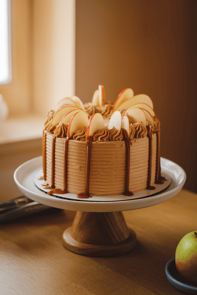 A warmly lit indoor cake stand holding a round spice cake frosted with brown sugar buttercream and drizzled with thick salted caramel, small apple slices arranged decoratively. No logos or text. Photo only.