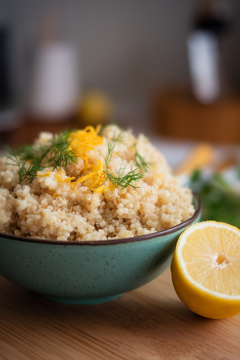 An indoor bowl of fluffy quinoa dotted with chopped dill and lemon zest, a lemon half nearby. No text or logos.
