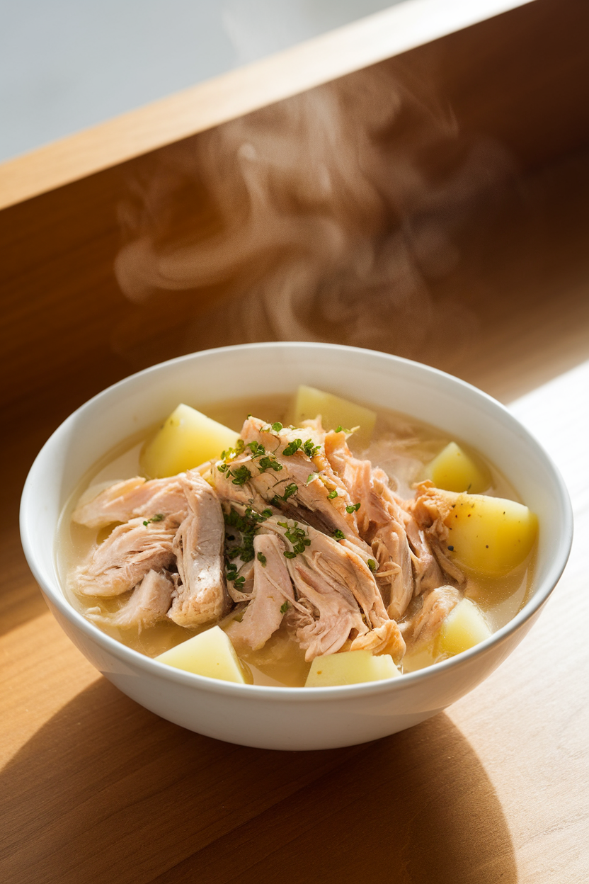 Indoor photo of a bowl filled with shredded garlic chicken and baby potatoes in light broth, steam visible; countertop lighting, no text or logos