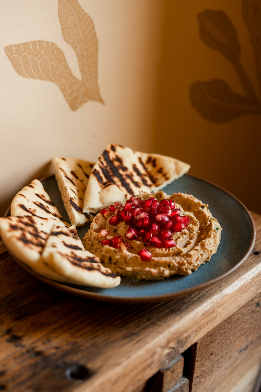A warmly lit indoor plate showing smoky baba ganoush topped with pomegranate seeds, served beside charred wedges of flatbread. No text or logos. Photo, not illustration.