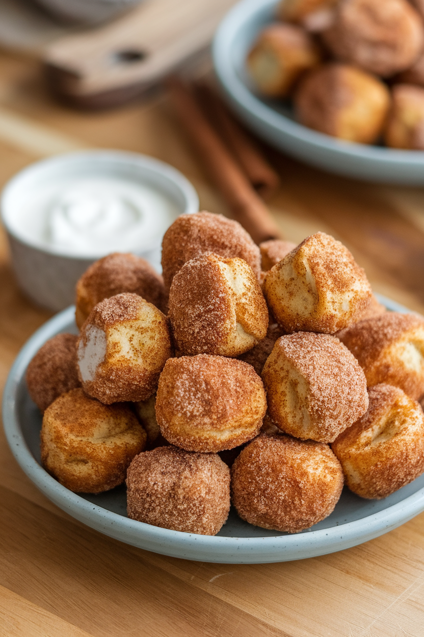 An indoor plate piled with bite-size bagel nuggets coated in cinnamon sugar, small dipping bowl of coconut yogurt nearby. Photo only, no text or logos.
