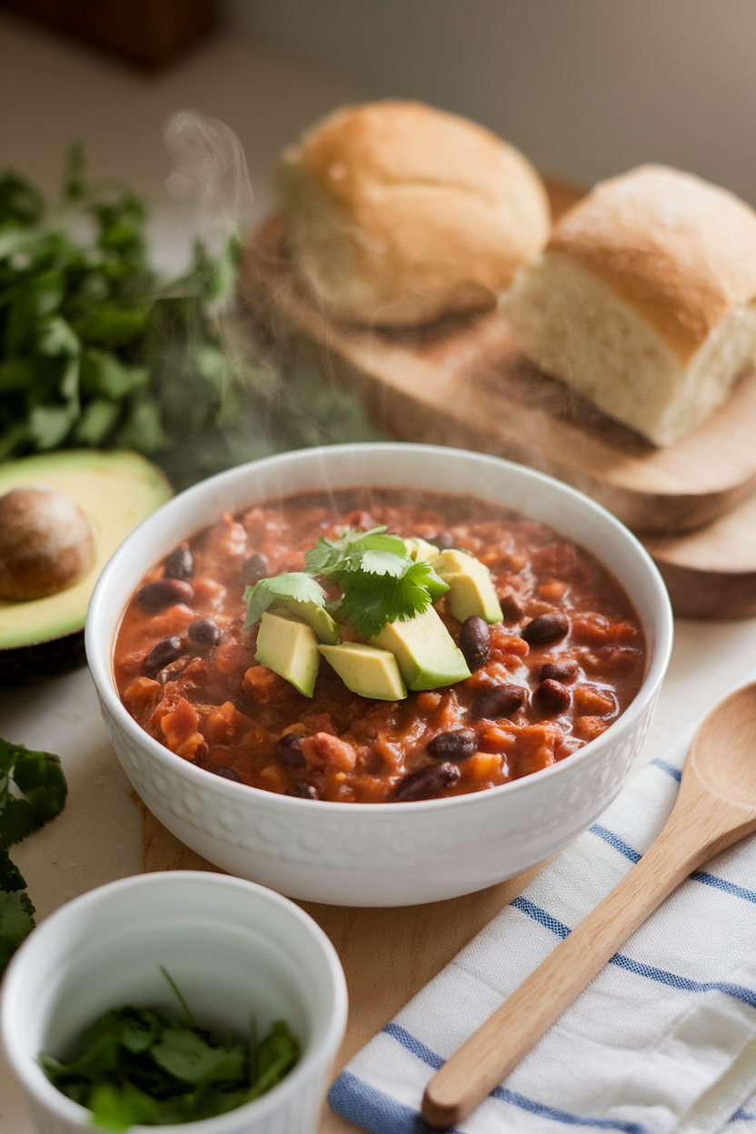A cozy indoor kitchen table with a steaming bowl of hearty turkey and black bean chili topped with diced avocado and cilantro. No text or logos in view; photo only.