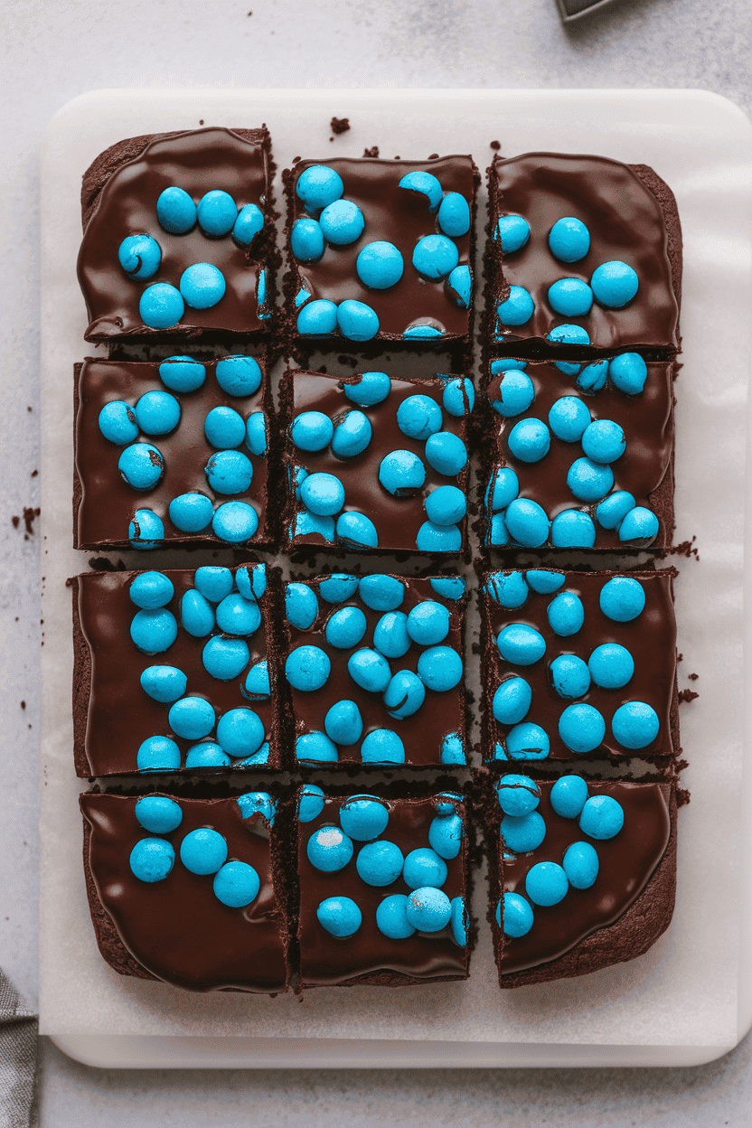 Indoor cutting board of black cocoa brownies with a glossy chocolate glaze sprinkled with blue Pop Rocks candy, no logos or text.
