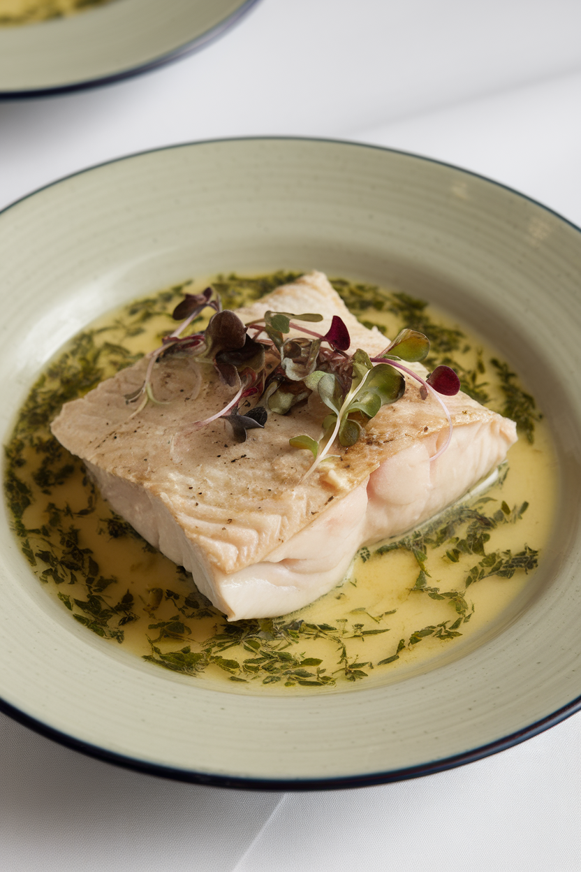 Indoor dinner plate featuring a flaky poached sea bass fillet resting in a shallow pool of herb broth, garnished with microgreens. No text or logos; photo only.