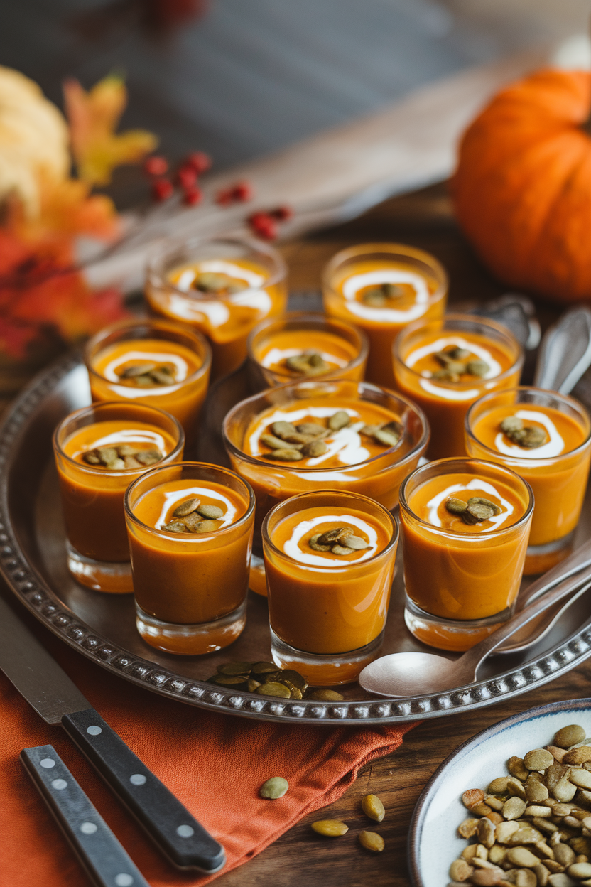 Indoor tray lined with small shot glasses of creamy orange pumpkin soup, each topped with a swirl of cream and roasted pepitas. No text or logos.