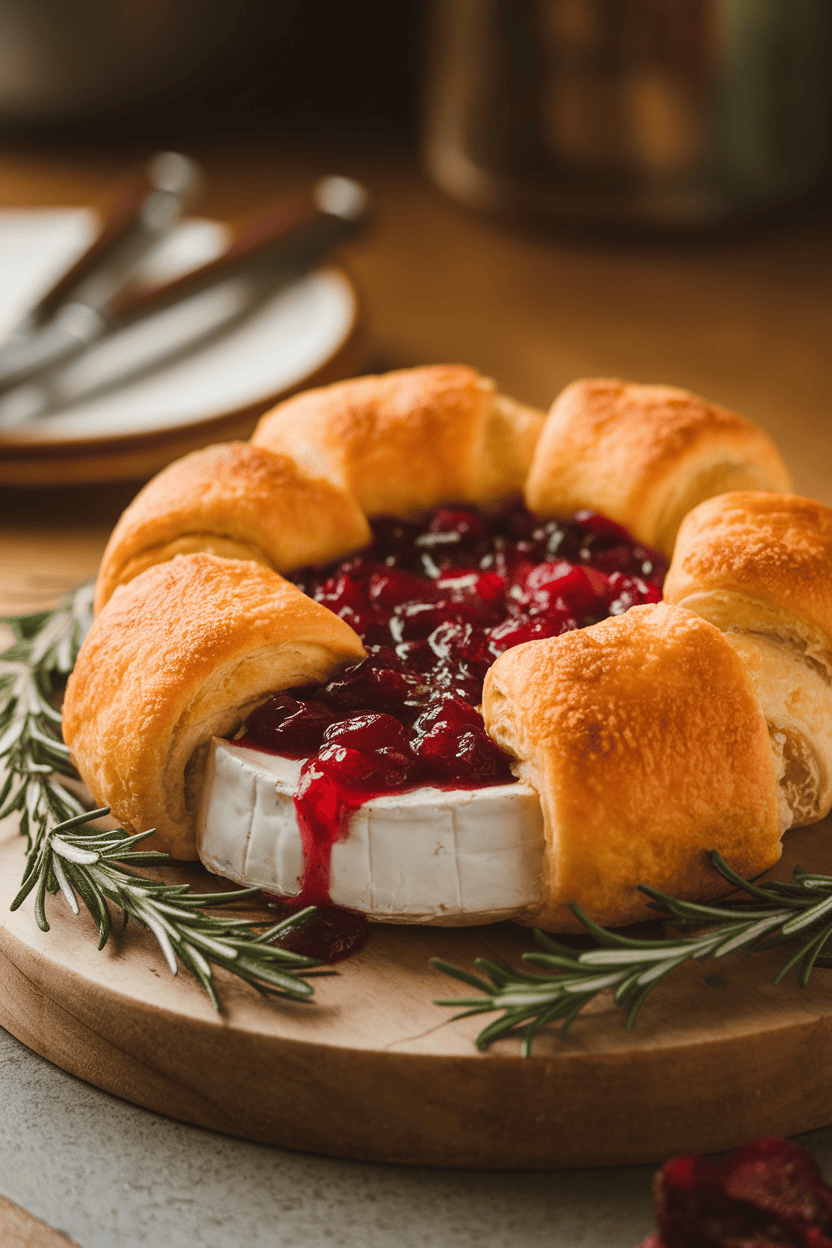 Warm indoor shot of crescent-roll wrapped brie baked golden, cranberry sauce oozing from slits, set on a wood board with rosemary sprigs. No text or logos.