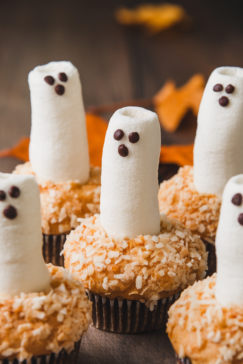 Indoor close-up of coconut-covered cupcakes with tall marshmallow ghosts rising from the center, dotted with dark chocolate eyes, no text or logos.