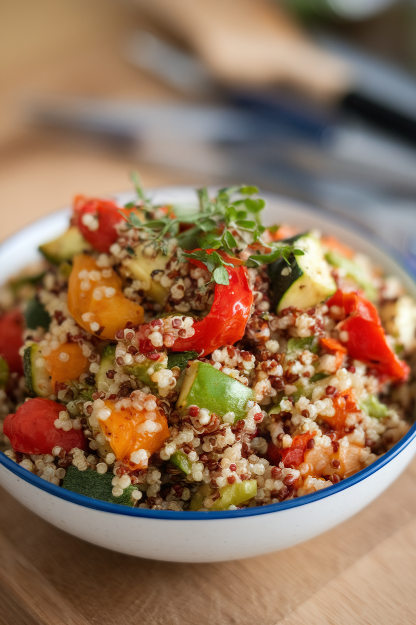 Photo of an indoor bowl of tri-color quinoa mixed with diced roasted vegetables and herbs; no text or logos