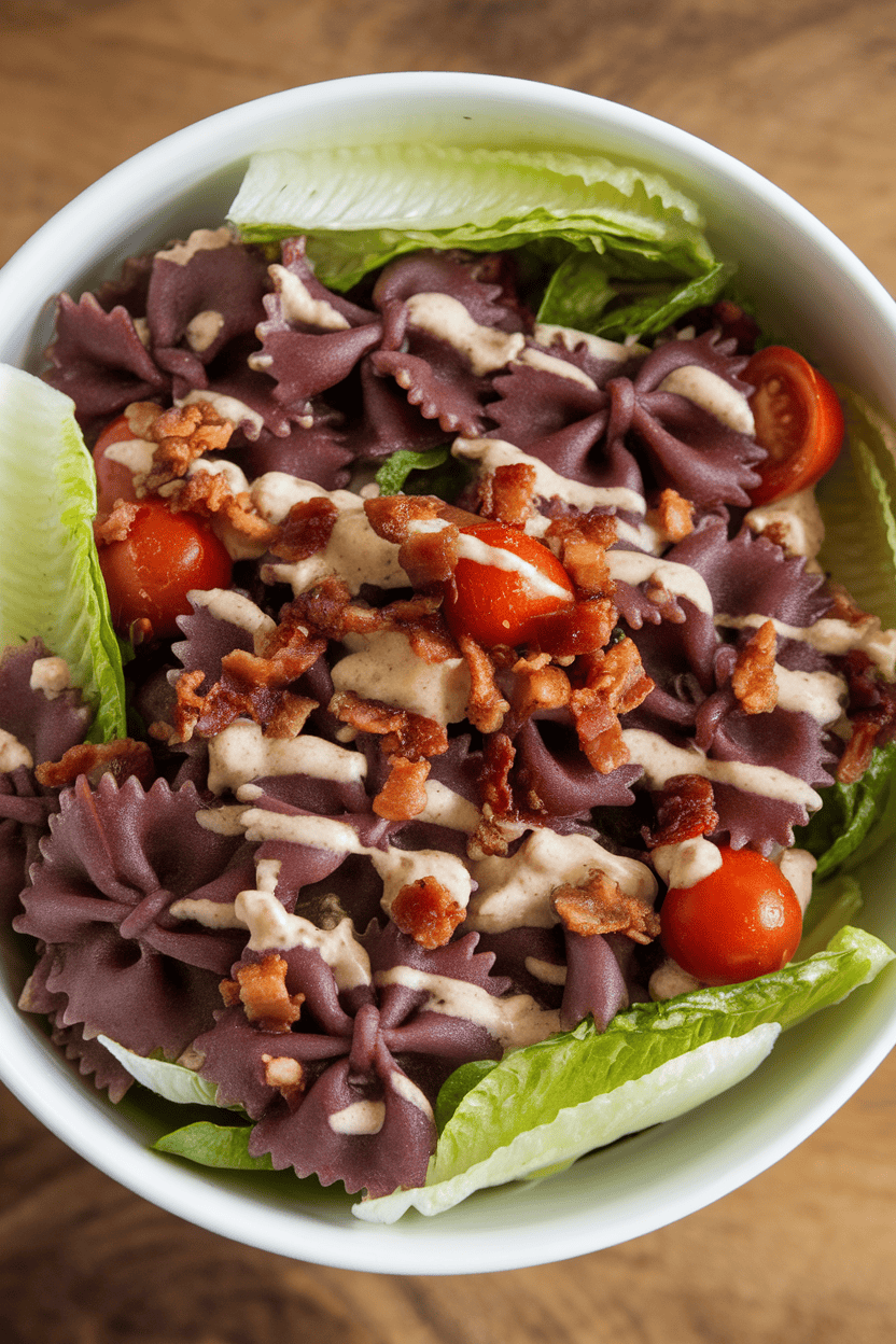 Indoor countertop shot of bow-tie pasta tossed with cherry tomatoes, crumbled bacon, romaine ribbons, and ranch-style dressing; no logos.