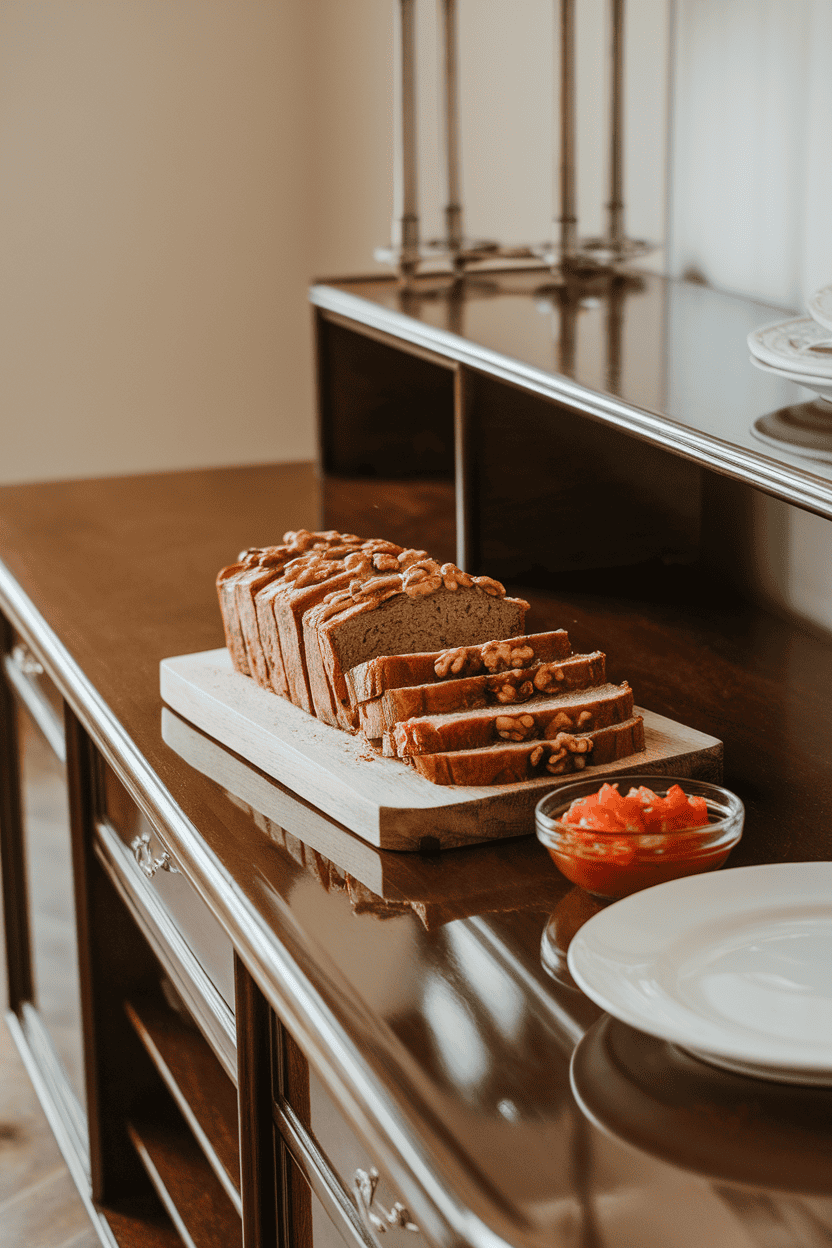 Photo of an indoor dining room sideboard showing thick slices of baked walnut-mushroom loaf on a wooden platter, a small bowl of tomato relish beside it; no text or logos visible.