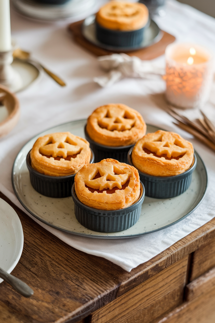 Photo of small ramekins topped with carved puff pastry pumpkin faces, golden from baking, on an indoor table. No text or logos.