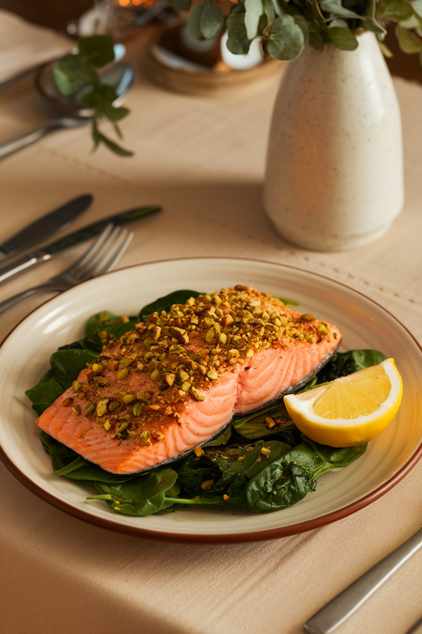An indoor dinner plate with a cooked salmon fillet coated in chopped pistachios, lemon wedge on the side; warm lighting, no logos.