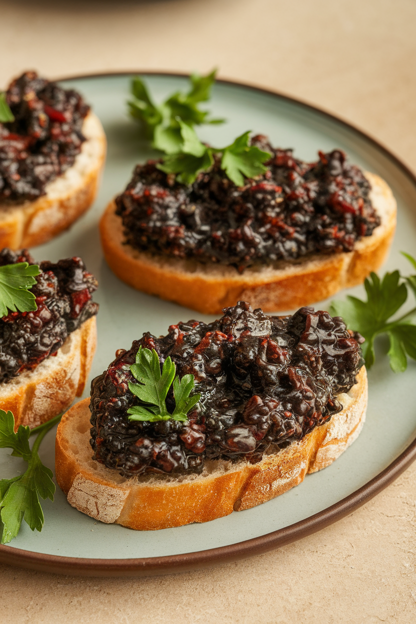 Photo of crostini topped with glossy black garlic tapenade, parsley garnish, indoor plate. No text or logos.