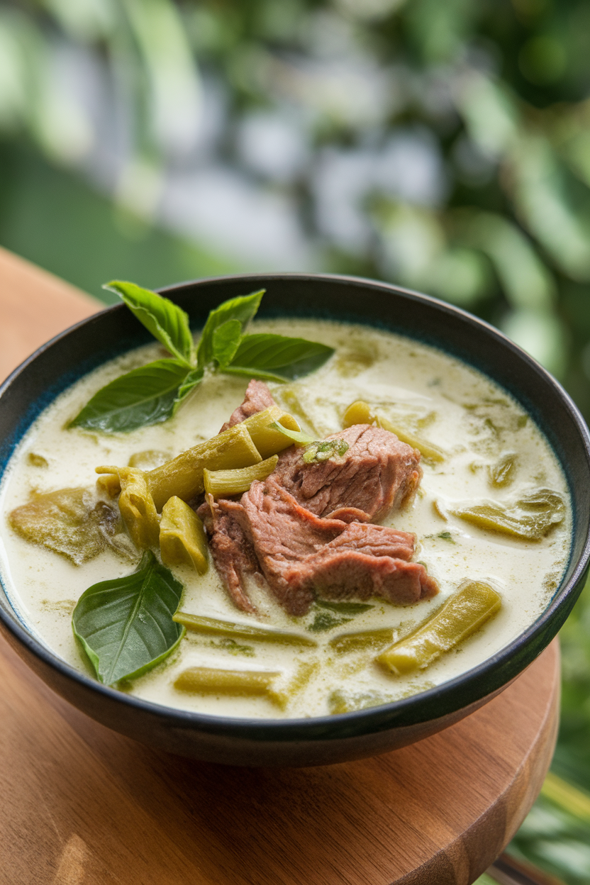 Indoor photo of bowl filled with beef green curry, coconut milk broth, basil leaves floating, no text or logos. Photo only.