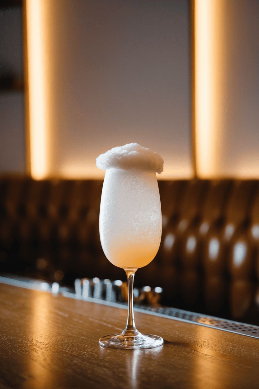 Cozy indoor bar with a tall fizz glass of snowy-white cocktail crowned by fluffy foam, soft backlighting; no text or logos.