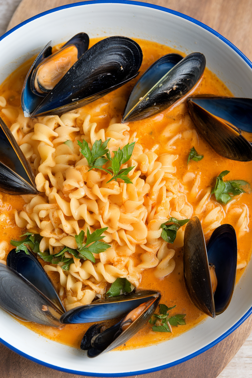 Indoor image of fregola pasta with steamed mussels, saffron broth pooled at the bottom, garnished with parsley. No logos or text.