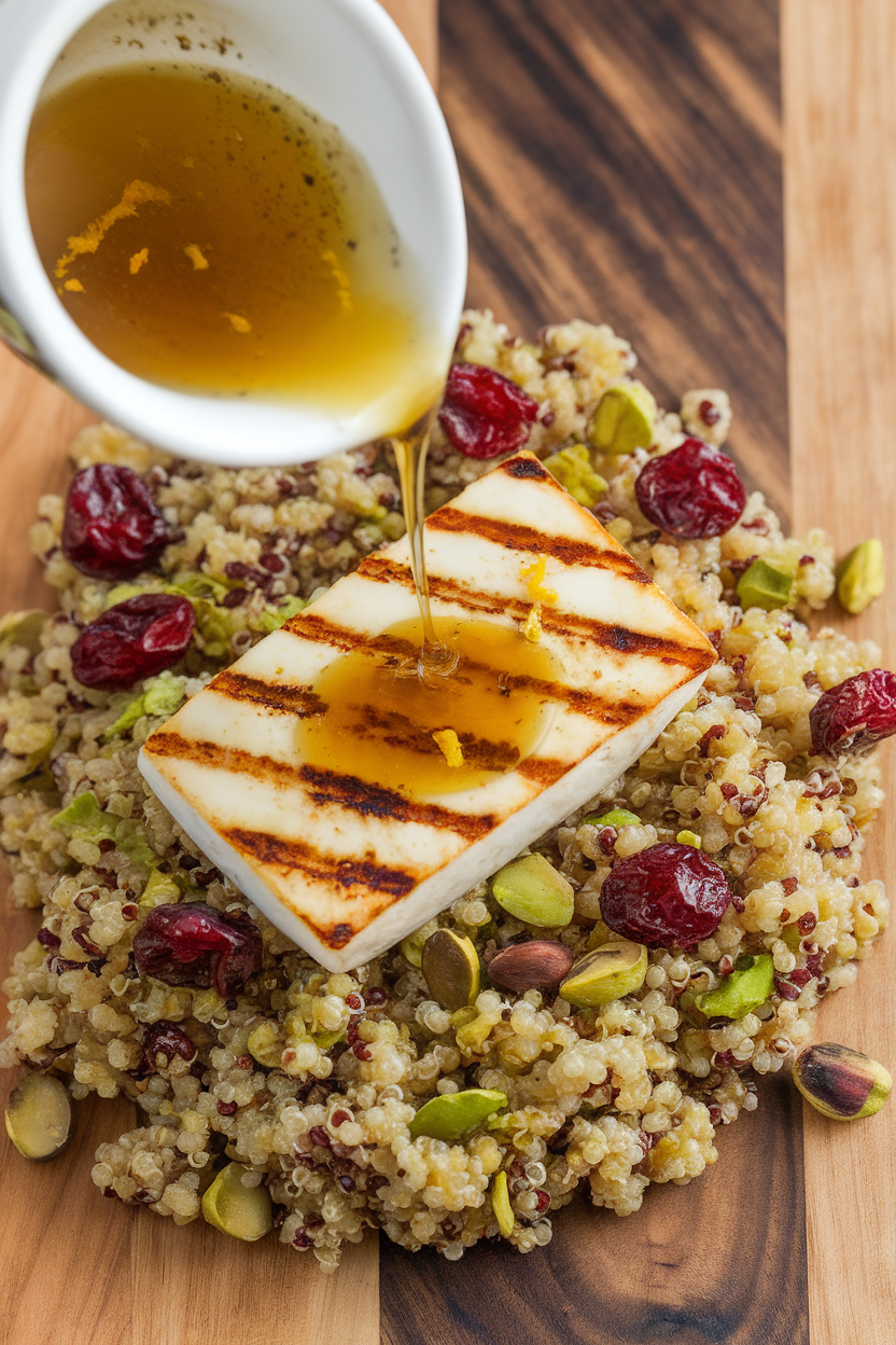 Indoor shot of grill-marked halloumi over quinoa salad with pistachios and dried cranberries, drizzled with honey-lemon dressing. No logos or text.