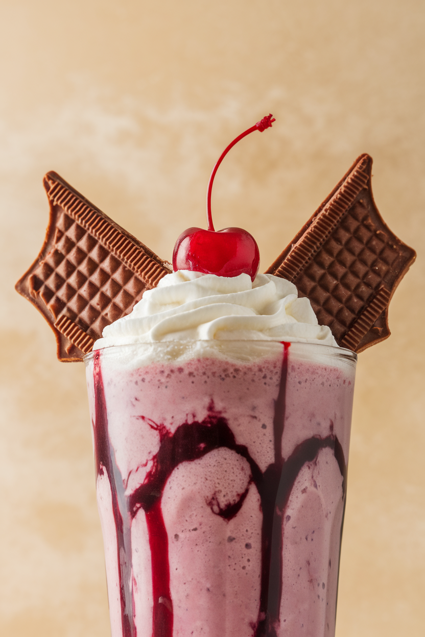 Indoor photo of a dark berry shake with two chocolate wafer cookies inserted like bat wings on either side of the glass. No text or logos present.
