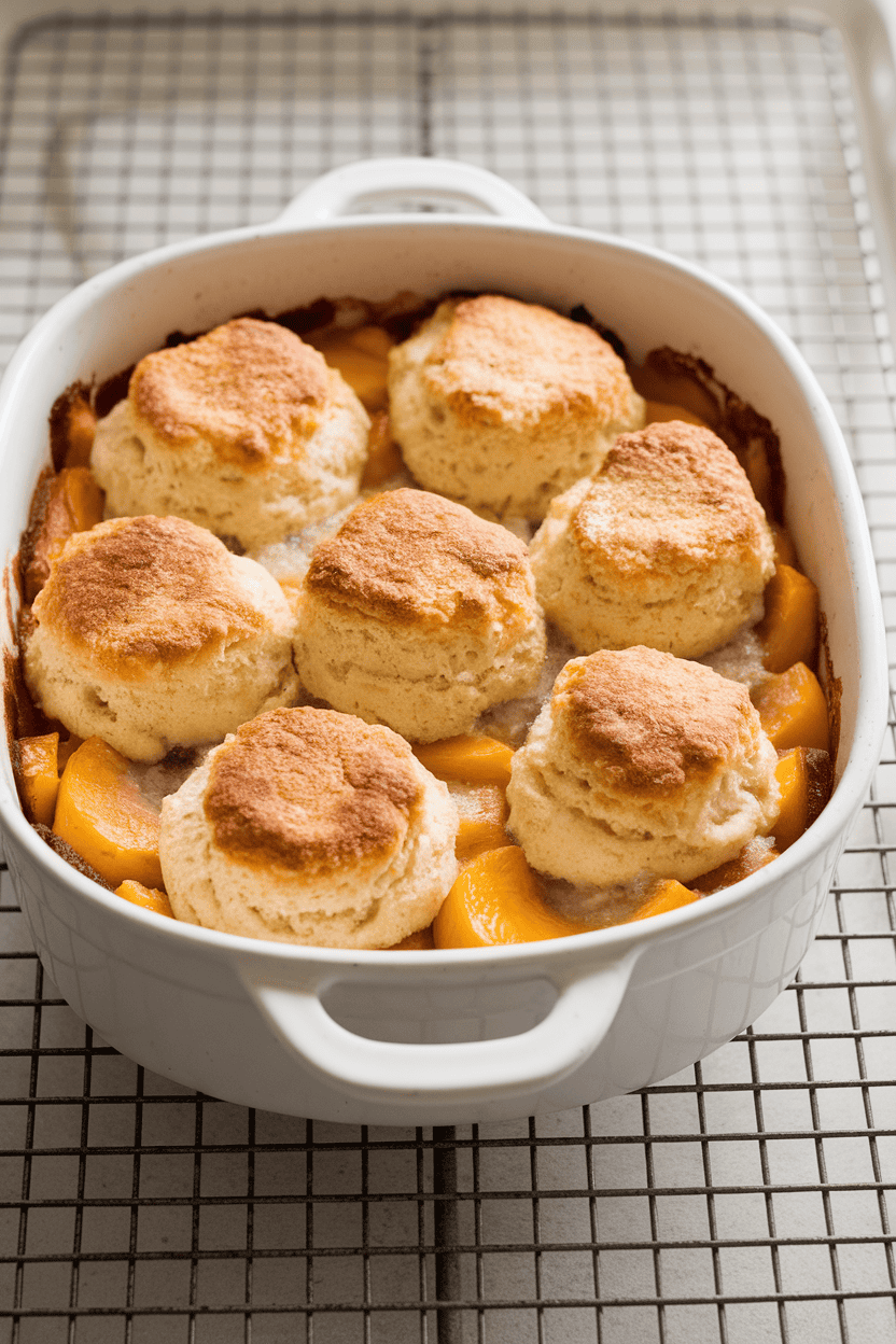 Photo of a baking dish filled with bubbling peach cobbler, biscuit topping golden, set on an indoor cooling rack. No text or logos visible.