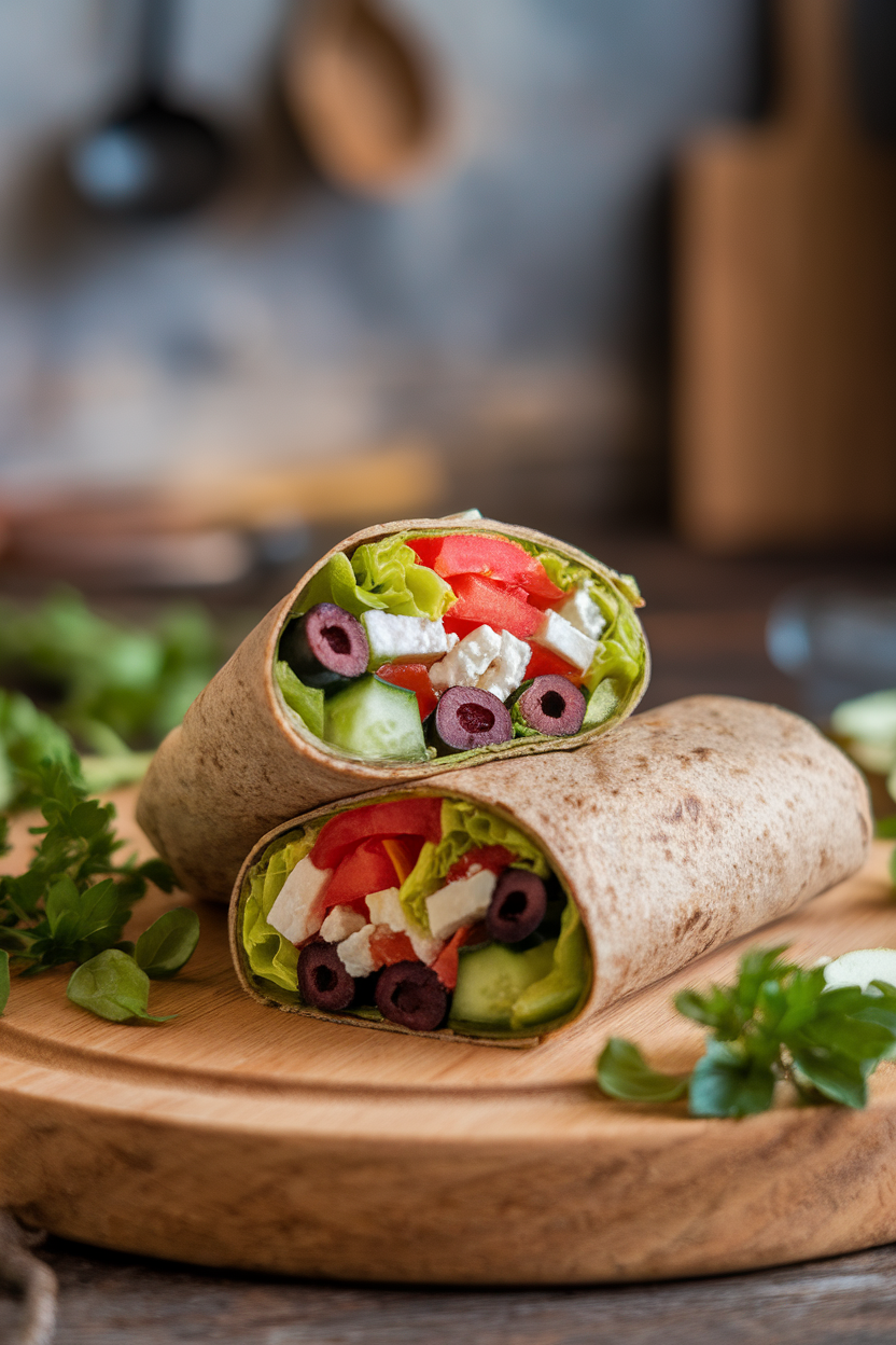 An indoor lunch scene featuring a whole-grain tortilla wrapped around cucumber, tomato, olives, feta, and lettuce; cut in half to show the colorful filling, no logos.