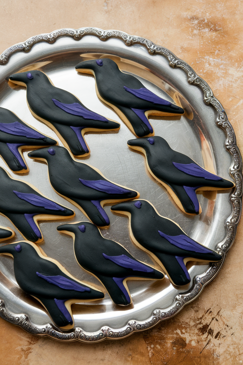 Indoor photo of raven-shaped cookies coated in jet-black icing with a subtle violet sheen, positioned on a silver platter, no text or logos.