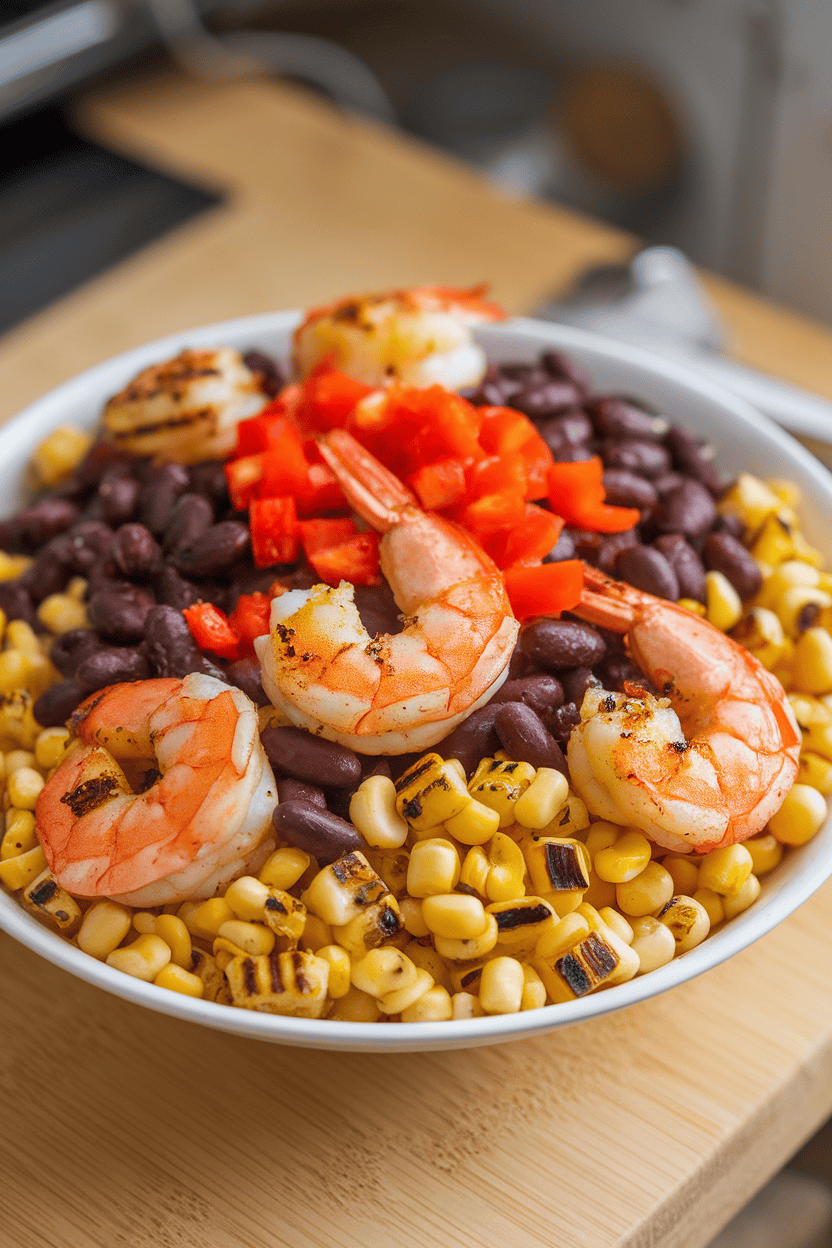 Photo of an indoor bowl piled high with smoky shrimp, grilled corn kernels, black beans, and diced red pepper, all tossed lightly in vinaigrette. No logos or text.