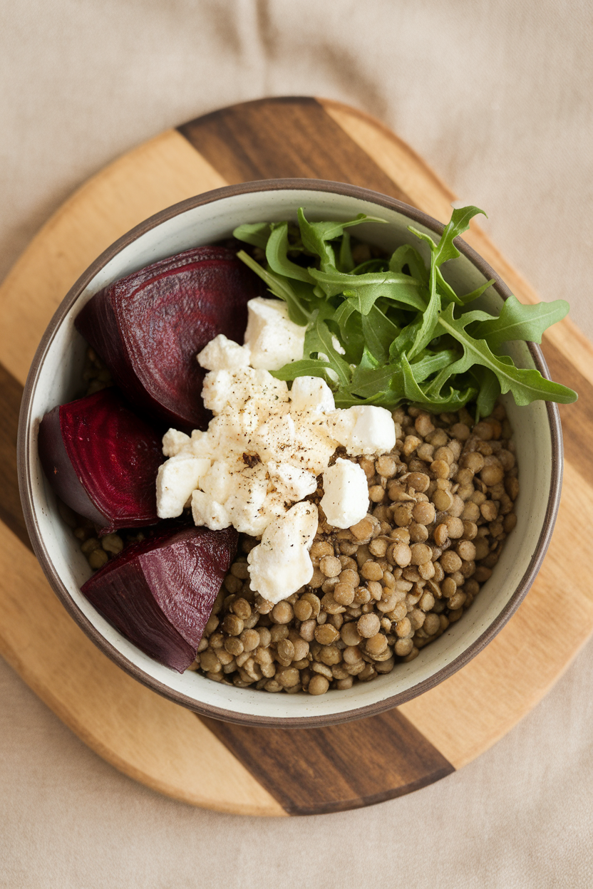Overhead indoor photo of green lentils, roasted beet wedges, goat cheese crumbles, and baby arugula in a bowl. No text or logos.