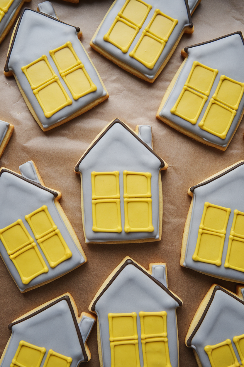 Indoor photo of house-shaped cookies with yellow “lit” windowpanes piped onto gray flood icing, scattered on parchment, no text or logos.
