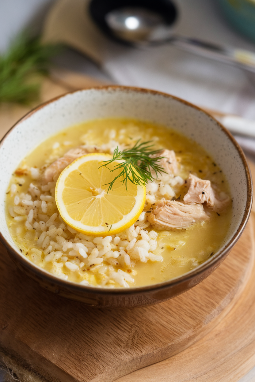 Indoor bowl of avgolemono soup, pale yellow broth with rice and chicken chunks, lemon slice and dill garnish, no logos. Photo.