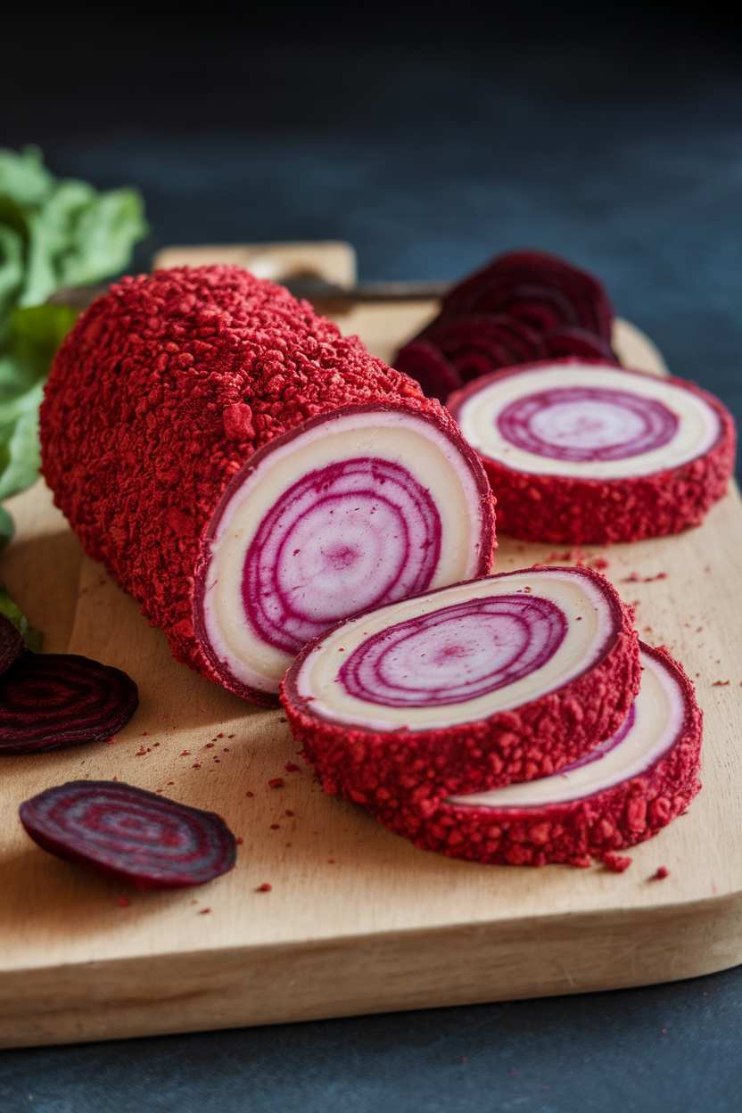 Photo of goat cheese log rolled in crushed beet chips for deep red coating, sliced on indoor board. No text or logos.