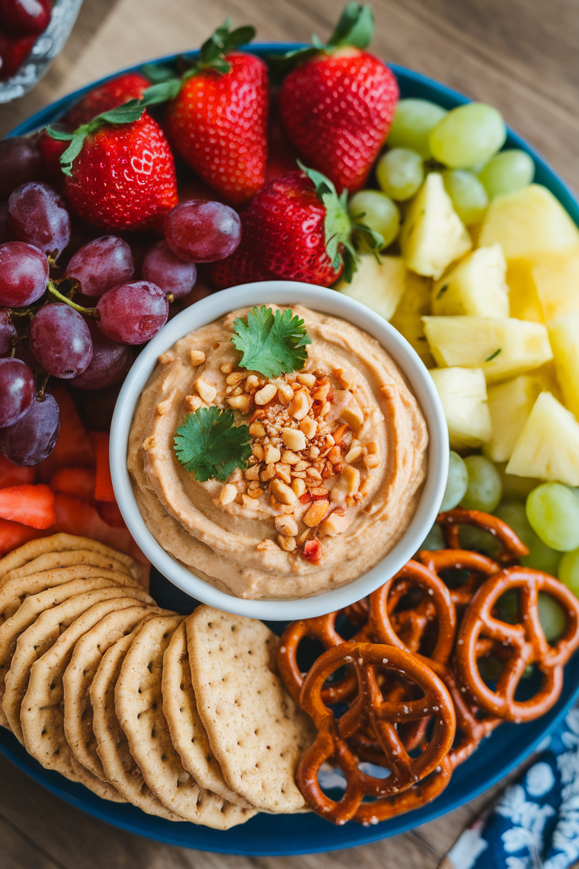 An indoor platter with a small bowl of creamy peanut dip garnished with crushed peanuts and cilantro. Photo, no text or logos.
