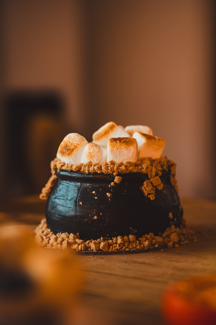 Indoor photo of a black cauldron-shaped cake overflowing with toasted marshmallow fluff and graham crumble, shot on a wooden surface. No text or logos.