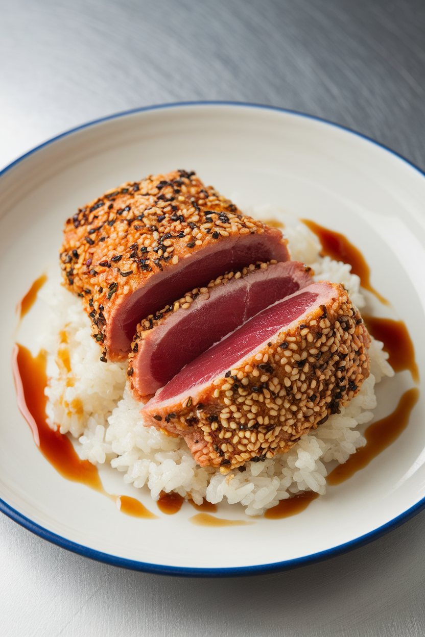 Indoor photo of cooked sesame-crusted tuna sliced to show a rare center, served over rice with soy drizzle, no text or logos. Photograph, not illustration.