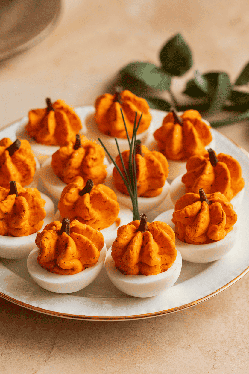 Indoor plate of deviled eggs with paprika-tinted filling piped to look like mini pumpkins, chive stems on top. No text or logos.