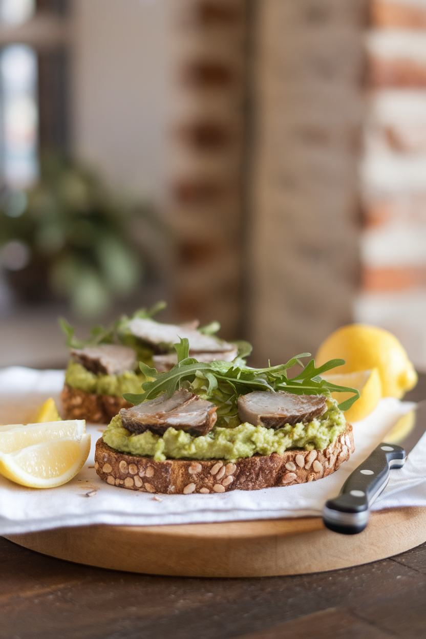 An indoor wooden board showcasing whole-grain toast layered with mashed avocado, canned sardines, fresh arugula, and a squeeze of lemon. No logos or text.