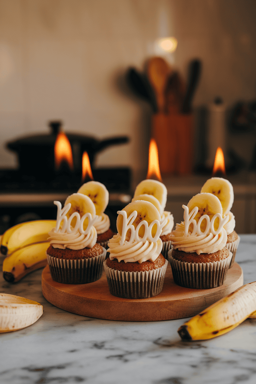 Warm indoor photo of bananas-foster cupcakes topped with flamed caramelized banana slices and a white chocolate “boo” plaque; no text or logos