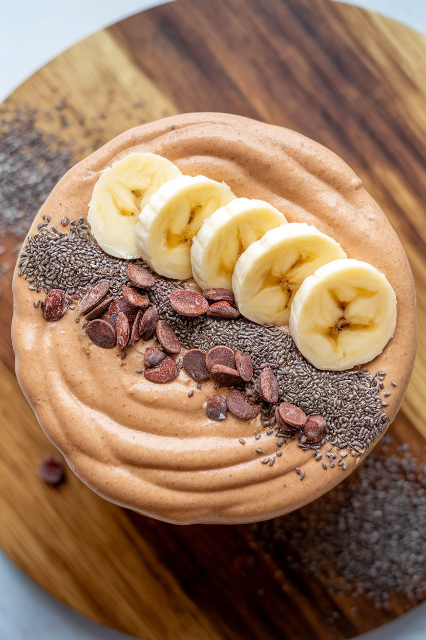 An indoor tabletop shot of a thick, peanut-butter-color smoothie bowl garnished with sliced bananas, chia seeds, and cocoa nibs, captured from directly above. No text or logos in view.