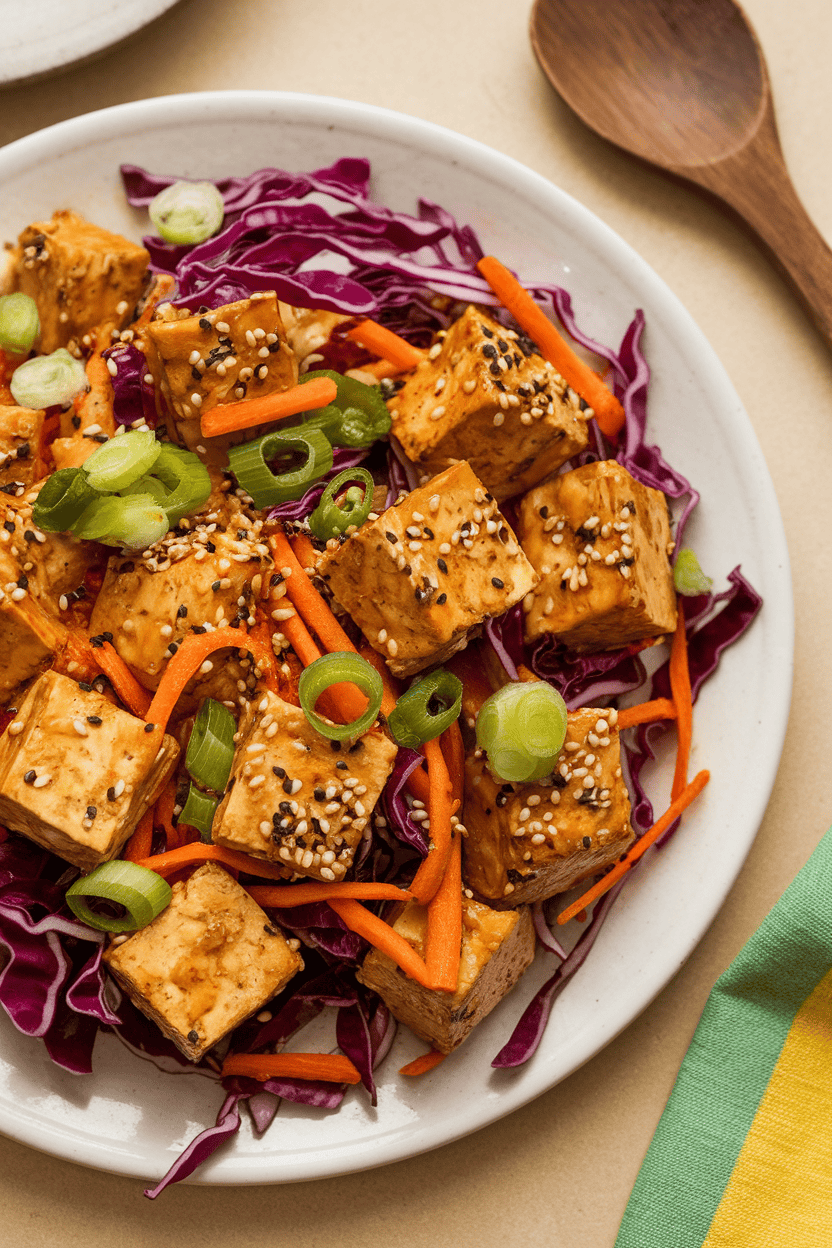 Indoor shot of cubed baked tofu, shredded red cabbage, carrots, and scallions dressed in sesame ginger sauce; no logos.