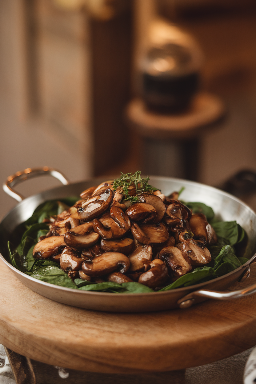 Indoor photo of sautéed mushroom medley piled over spinach leaves with balsamic glaze in a shallow skillet; warm ambient light, no text or logos.