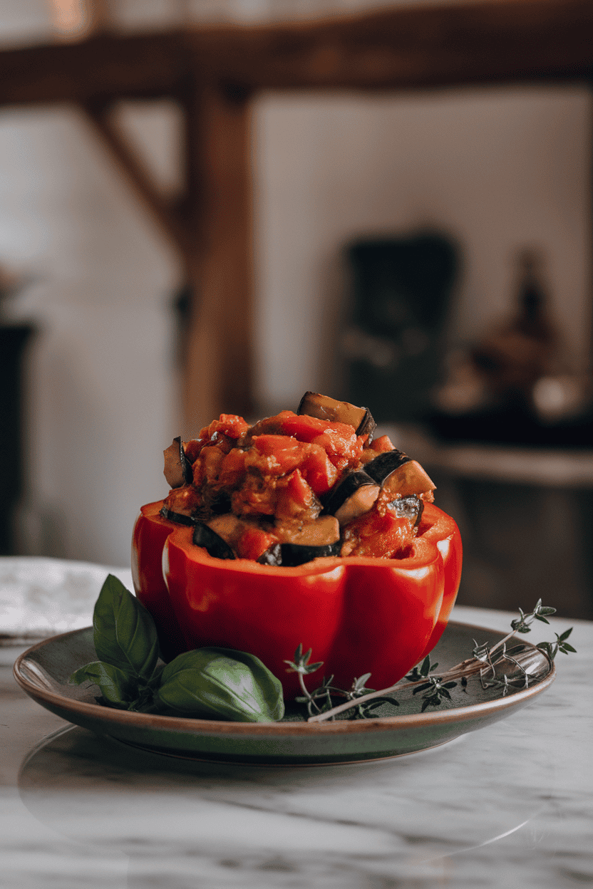 A photo of a single red bell pepper half on a plate indoors, brimming with cooked zucchini, eggplant, and tomato ratatouille, herbs sprinkled on top. No text or logos.