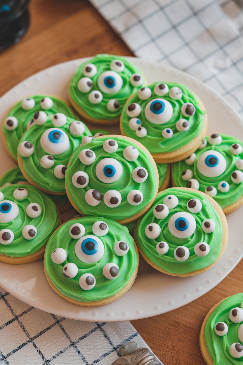 Photo of round sugar cookies iced in bright green frosting with candy eyeballs scattered across, indoor counter scene, no logos or text.