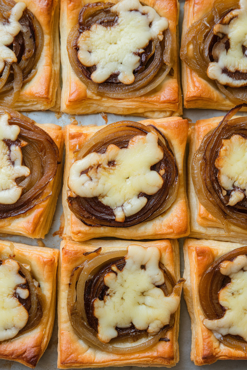 Indoor photo of puff pastry squares topped with caramelized onions and melted Gruyère on a baking sheet; no text or logos.
