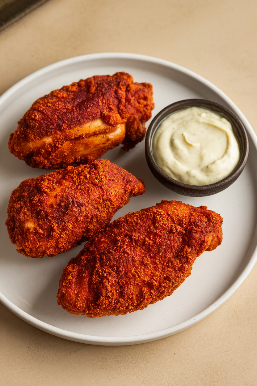 Indoor kitchen scene showing fried chicken breasts with deep red smoky paprika crust, small bowl of aioli, photo only, no text or logos