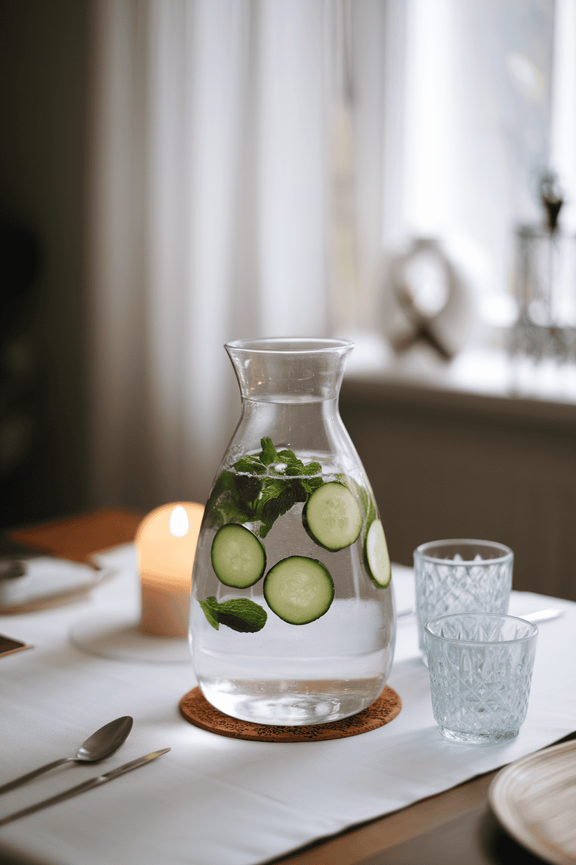 Photo of a clear carafe of water with floating cucumber slices and mint leaves, sitting on an indoor dining table. No logos or text appear.